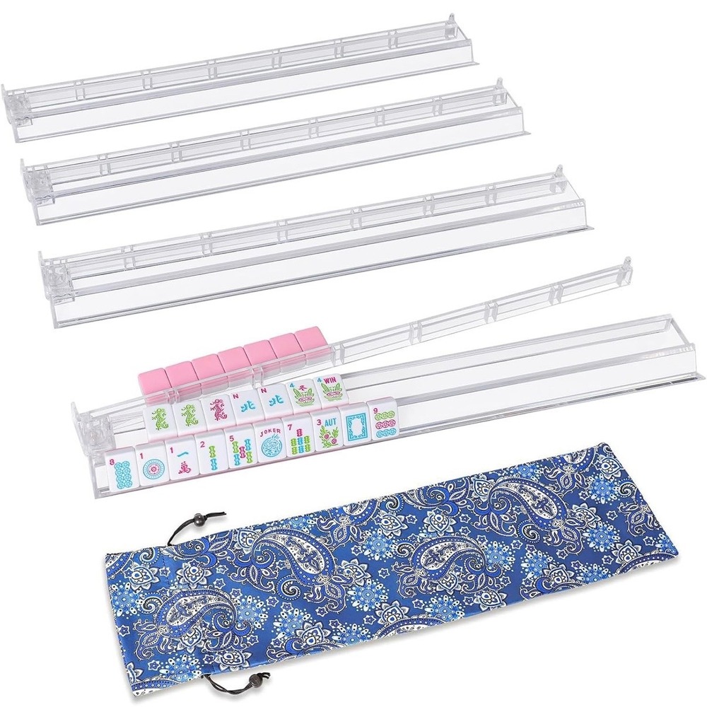 Gustaria 19.7 Inch Clear Mahjong Racks with Pushers 4 Piece Set and Storage Bag
